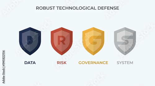 Robust Technological Defense Infographic Illustrating Data Risk Governance and System Shields for Cybersecurity and IT Compliance