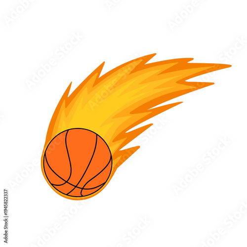 Vector illustration of a basketball blazing with orange and yellow flame. Fireball. Basketball with fire kick. Basketball design. Basketball sport 
