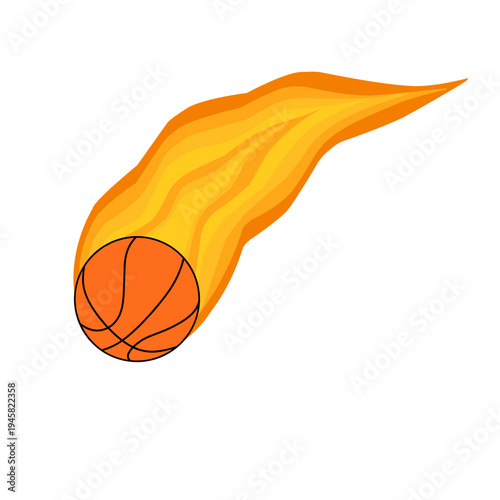 Vector illustration of a basketball blazing with orange and yellow flame. Fireball. Basketball with fire kick. Basketball design. Basketball sport 
