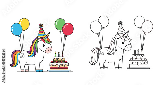 Cute cartoon unicorn birthday party illustration with balloons and cake, featuring both full color and black and white outline versions for kids coloring book.