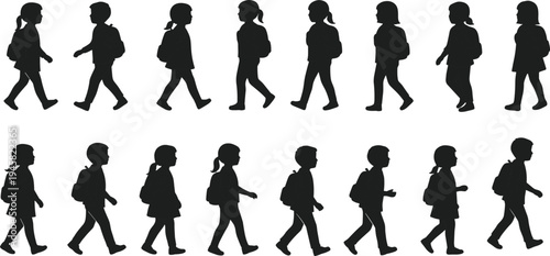 Children with backpacks walking silhouettes set, school kids or students going to classes, education and back to school vector illustration collection.