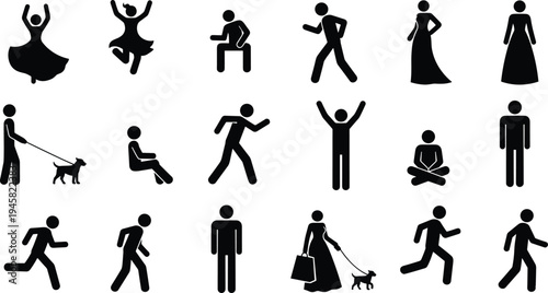 People activity stick figure silhouettes set, human icons performing various actions including running, dancing, walking dog, and sitting vector illustration collection.