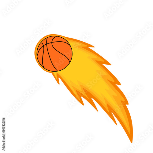 Vector illustration of a basketball blazing with orange and yellow flame. Fireball. Basketball with fire kick. Basketball design. Basketball sport 
