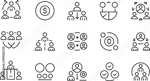 Human resource management line icons set showing team leadership recruitment collaboration organization communication business vector illustration collection