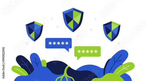 Cybersecurity and Password Protection Flat Vector Illustration with Shield Icons and Encrypted Messaging