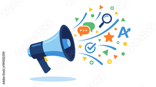 Blue Megaphone Illustration for Digital Marketing, Communication, and Social Media Promotion with Various Business Icons on White Background