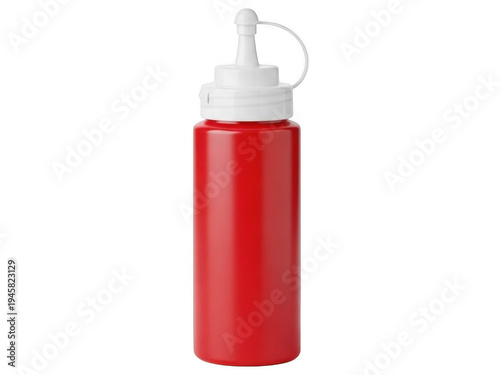 Red ketchup bottle with white cap on white background