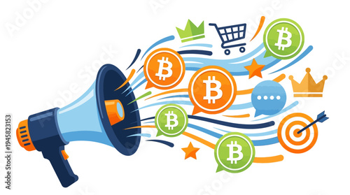 Digital Marketing and Cryptocurrency Promotion Concept with Megaphone and Bitcoin Icons