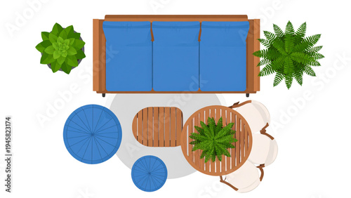 Minimalist Flat Vector Lounge Furniture Layout Featuring Wooden Sofa with Cushions, Slatted Coffee Table, Round Ottomans and Indoor Plant