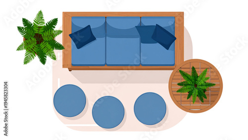 Minimalist Flat Vector Lounge Furniture Layout Featuring Wooden Sofa with Cushions, Slatted Coffee Table, Round Ottomans and Indoor Plant