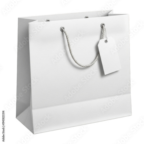 White paper shopping bag with handle and tag