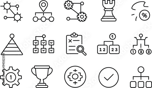 Minimal business strategy management and analytics line icons set including hierarchy planning checklist target success process vector illustration