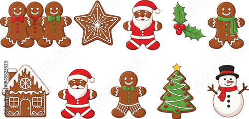Christmas gingerbread cookies collection with Santa, snowman, tree, star and holiday sweets isolated for festive winter dessert concept