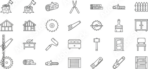 Carpentry and woodworking line icons set featuring saws, tools, wood logs, furniture and construction elements for carpenter workshop concept