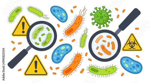 Bacteria and Virus Microorganisms Under Magnifying Glass Vector Illustration with Biohazard Warning Signs for Medical Research and Science Concepts