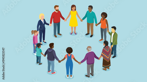 Diverse Group of People Holding Hands in a Circle, Isometric Illustration Representing Unity, Inclusion, and Global Community