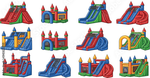 Colorful inflatable bounce house and playground slide castles collection for kids amusement park, party entertainment and outdoor play equipment concept