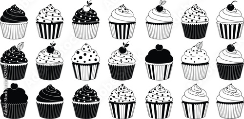 Cupcake dessert icons collection featuring sweet bakery pastries with frosting, cherries and decorative toppings isolated for confectionery and food design concept