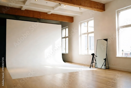 A photography studio with a white backdrop, lights, and equipment.