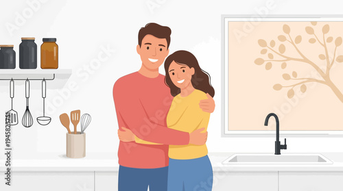 Happy Young Couple Hugging in Modern Minimalist Kitchen Illustration, Romantic Partners at Home Concept