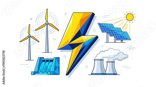 Renewable Energy Concept Illustration with Wind Turbines, Solar Panels, Hydroelectric Dam, and Power Plant Icons around a Lightning Bolt Symbol
