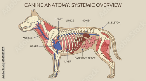 Canine Anatomy Systemic Overview Illustration showing Internal Organs, Skeleton, and Muscles of a Dog for Veterinary Education