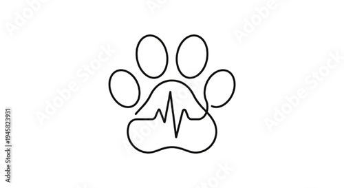 Paw Print with Heartbeat Line in Minimalist Line Art.