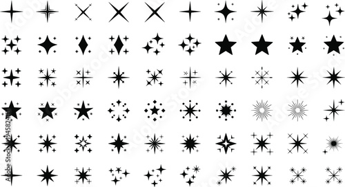 Large collection of black sparkle vector icons, featuring minimalist stars, magic twinkling glitters, celestial sunbursts, glowing light effects, and shine symbols.