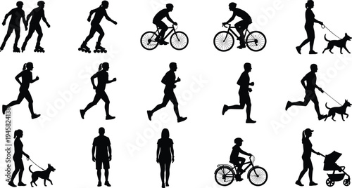 Active people silhouettes walking running cycling skating and dog walking showing healthy outdoor lifestyle activity illustration set