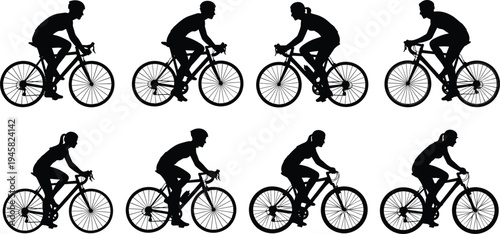 Collection of male and female cyclist silhouettes riding road bicycles in side view, sporty cycling set isolated on white for fitness and active lifestyle concepts