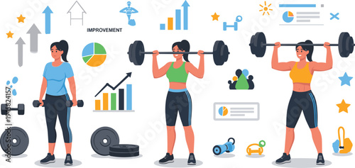 Women strength training workout with barbell and dumbbells fitness progress charts healthy lifestyle gym exercise vector illustration