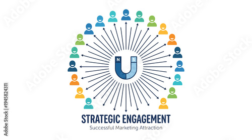 Strategic Marketing Engagement Concept with Magnet Attracting Target Audience Icons for Lead Generation and Business Growth