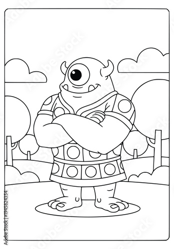 Cyclops coloring page for kids with a strong giant character standing still
