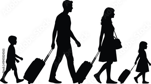 Family traveling with suitcases silhouettes set, parents and children pulling luggage bags in airport, vacation and holiday trip vector illustration.