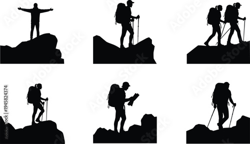 Hiker and backpacker silhouettes climbing mountain with trekking poles exploring wilderness adventure travel outdoor activity illustration set
