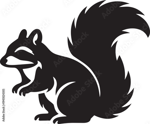 Stylized black silhouette vector illustration of a cute squirrel with a bushy tail, standing and looking left, ideal for logos, nature designs, and animal-themed branding.