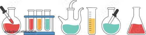Cartoon colorful laboratory glassware with flasks, test tubes, and cylinders symbolizing chemistry, science, and experiment design