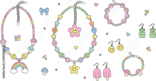 Cartoon colorful jewelry with smiley faces, rainbows, stars, mushrooms, and gummy bears symbolizing fun fashion design