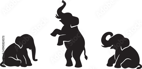 Three elephants in playful and relaxed poses depicted in silhouette Vector