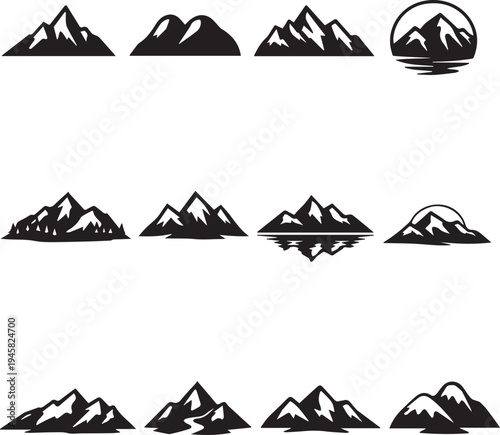 Diverse stylized mountain illustrations with varying peaks and landscapes Vector