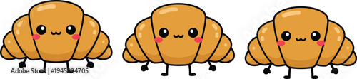Cartoon croissant characters vector illustration with smiling faces, cute eyes, pink cheeks, and playful food design