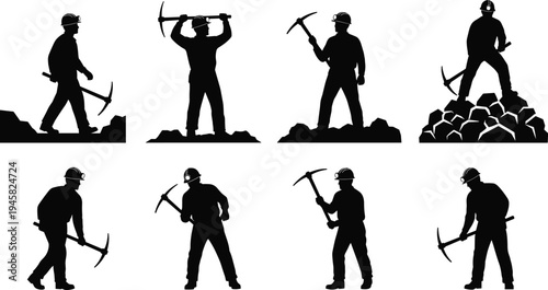 Mining worker silhouettes with pickaxe tools showing coal miner labor underground industry extraction activity illustration set