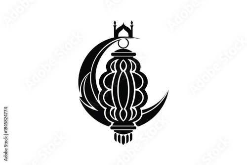 Ramadan Kareem Lantern with Crescent Moon and Mosque Silhouette, Minimalist Islamic Festival Greeting Card Element Black Silhouette