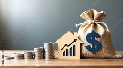 Stacked silver coins grow taller from left to right, alongside a wooden house cutout with a rising growth graph and a burlap money bag marked with a large dollar sign. The arrangement rests on a woode