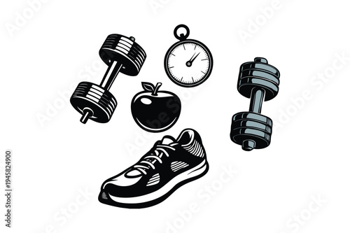 vector set of dumbbells, Workout Equipment and Healthy Lifestyle Icons Collection Isolated on White