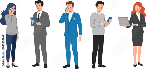 Cartoon diverse people using smartphones, tablets, and laptops symbolizing modern communication, technology, and business design