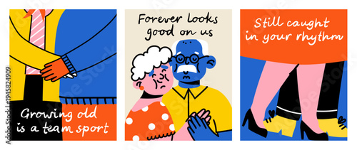 Happy Senior Couples Dancing And Embracing In Hand Drawn Doodle Style