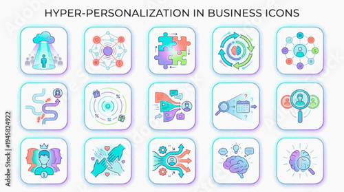 Hyper-personalization in Business AI Technology Icon Set, Vector Graphics for Hyper Personalization Strategy and Customer Engagement
