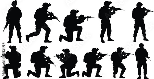 Military soldier silhouettes set with rifle in tactical combat poses, special forces army soldiers aiming and kneeling, black silhouette collection isolated for design