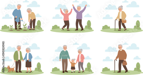Cartoon elderly people gardening, walking, exercising, and bonding with family symbolizing active senior lifestyle and companionship design